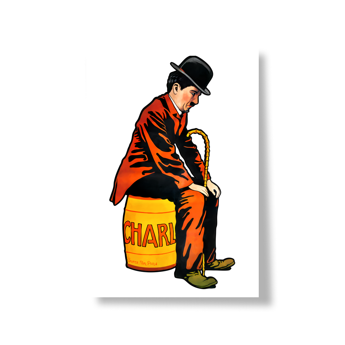 Nome do produto: Charlie Chaplin - Pôster Vintage – Ilustração Retrô do Personagem no Barril “CHAR”