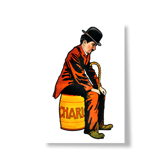 Charlie Chaplin - Pôster Vintage – Ilustração Retrô do Personagem no Barril “CHAR”