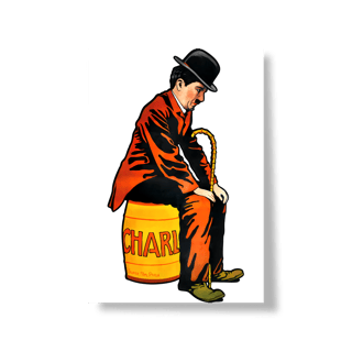 Nome do produto Charlie Chaplin - Pôster Vintage – Ilustração Retrô do Personagem no Barril “CHAR”