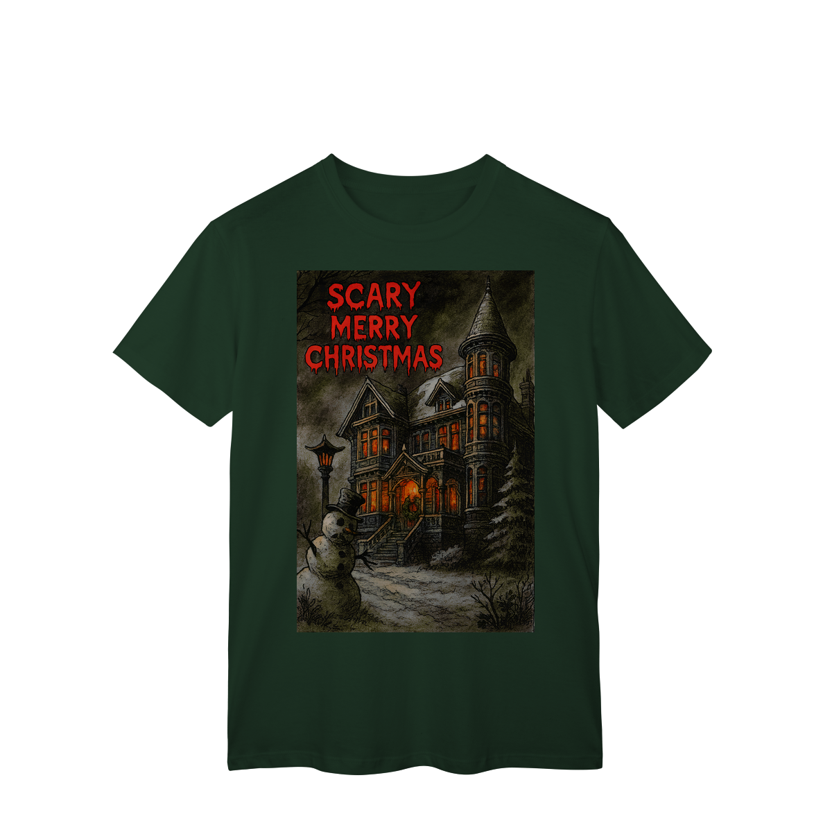 Nome do produto: Camiseta Scary Merry Christmas – Camiseta Natal Gótica Engraçada, Estampa de Neve Sombria, Presente Alternativo