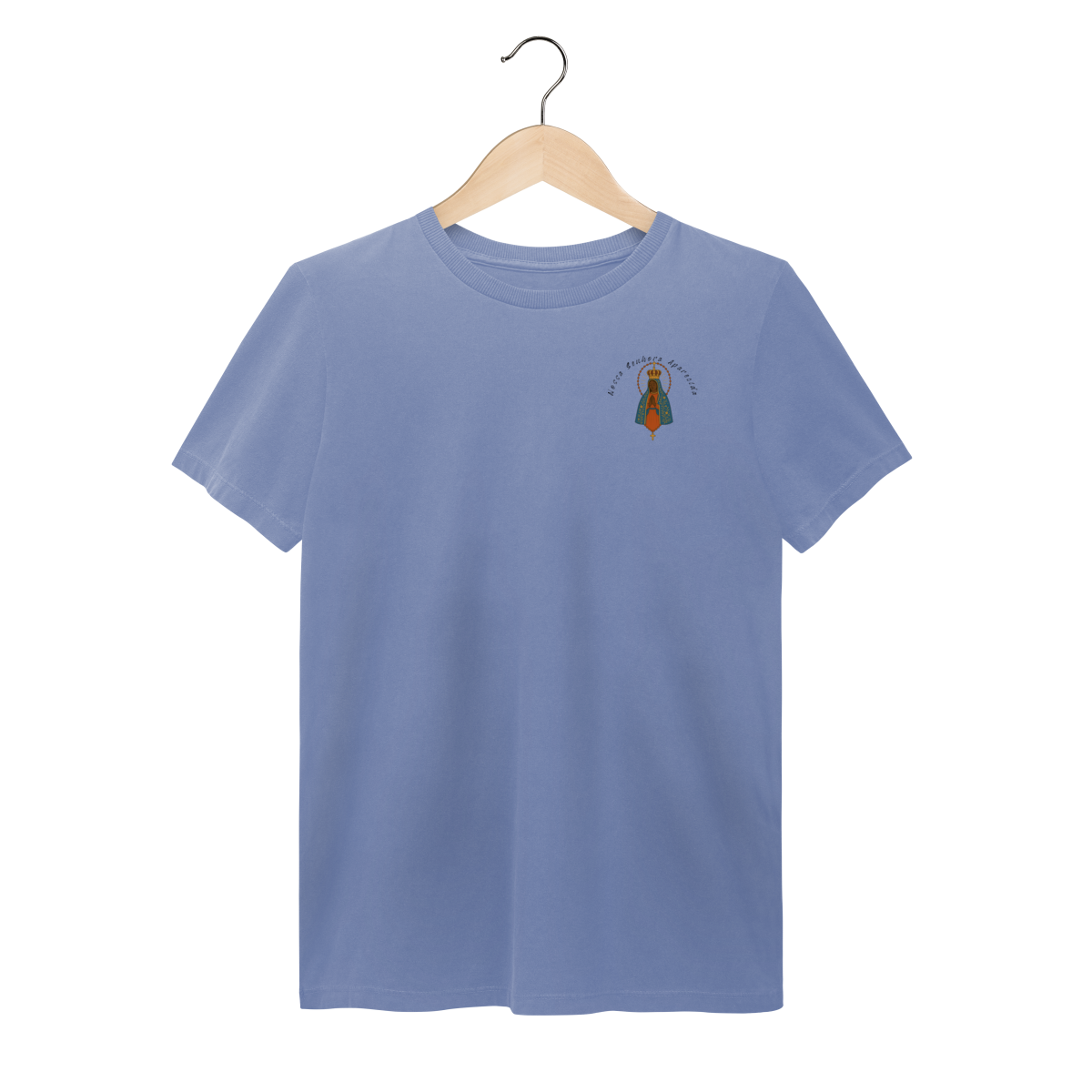 Nome do produto: T-Shirt Estonada – Nossa Senhora Aparecida (Emblema na Frente + Estampa Grande nas Costas)