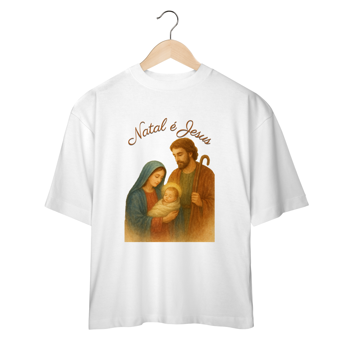 Nome do produto: Camiseta Oversized Natal é Jesus – Sagrada Família