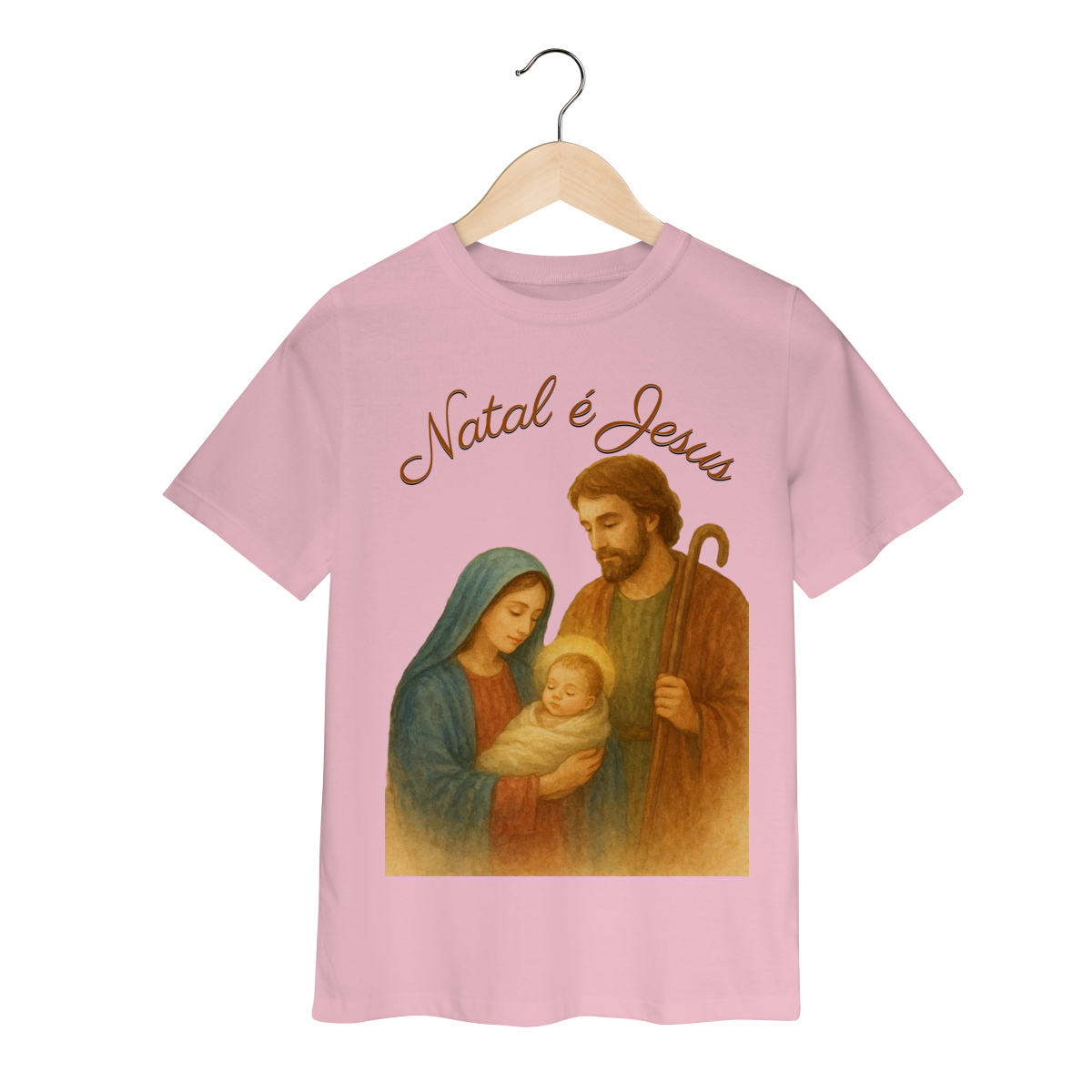 Nome do produto: Camiseta Infantil Natal é Jesus – Sagrada Família