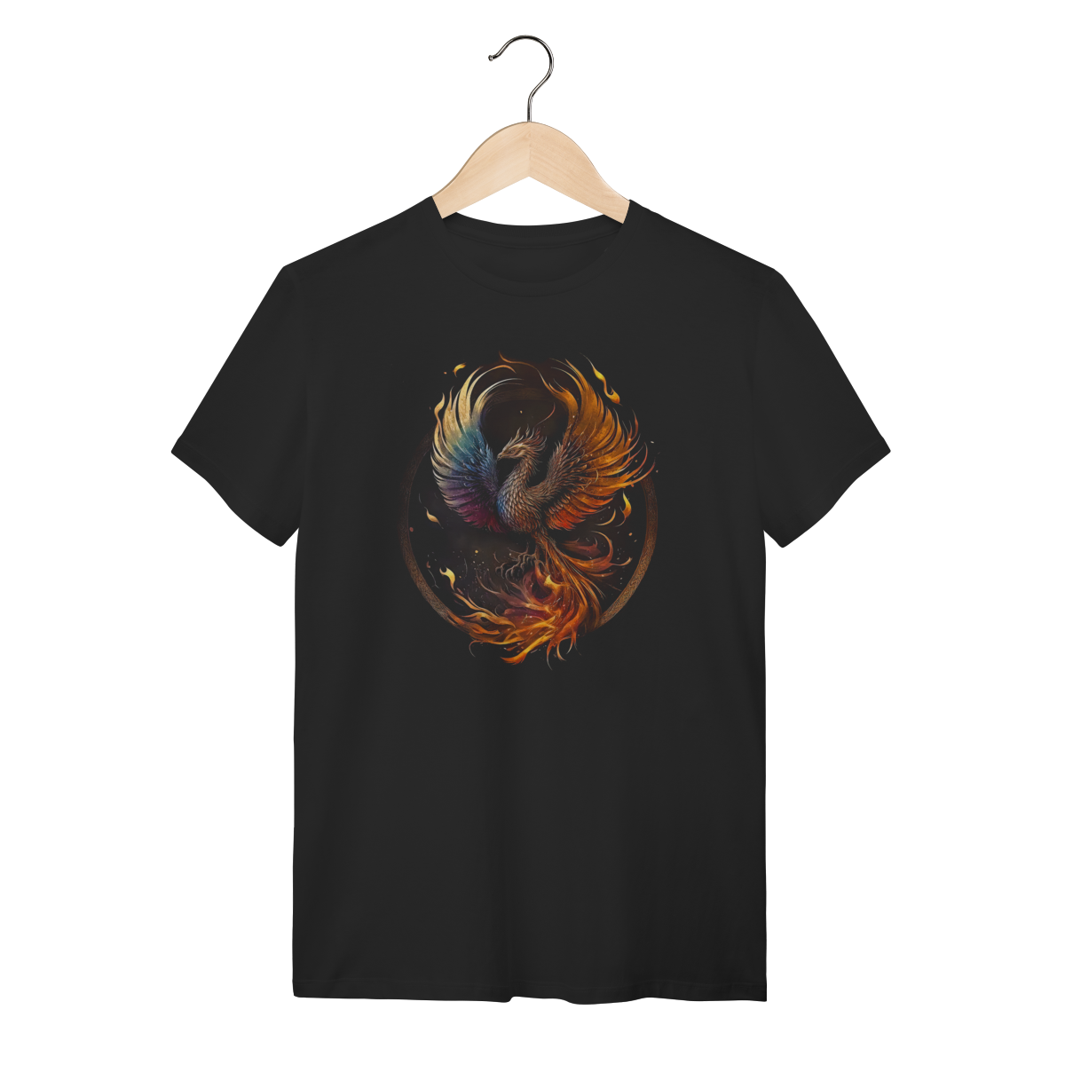 Nome do produto: Camiseta Fênix de Fogo Estampa Circular Mística Algodão Preta