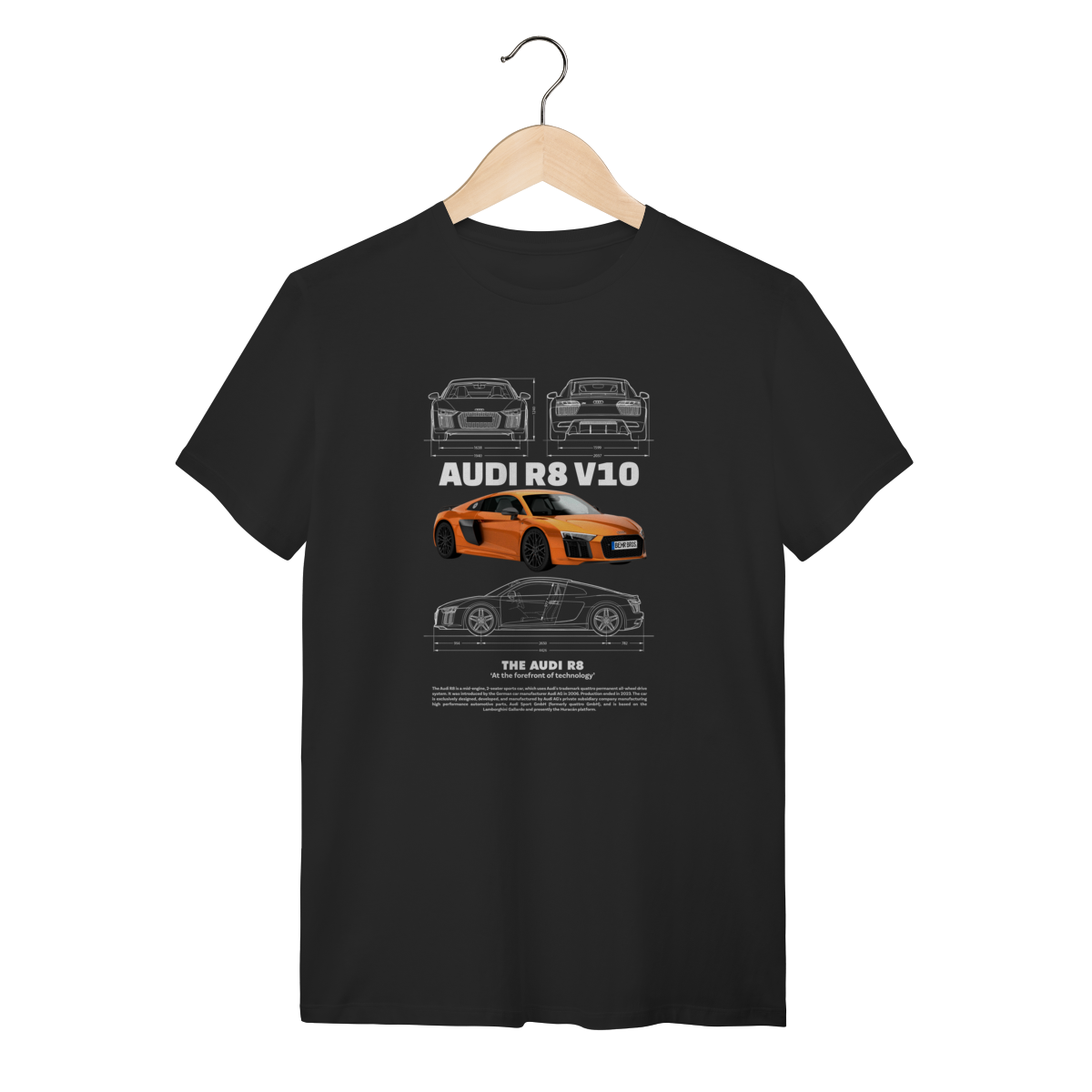 Nome do produto: Camiseta Audi R8 V10 Laranja - Estampa Blueprint Supercarro