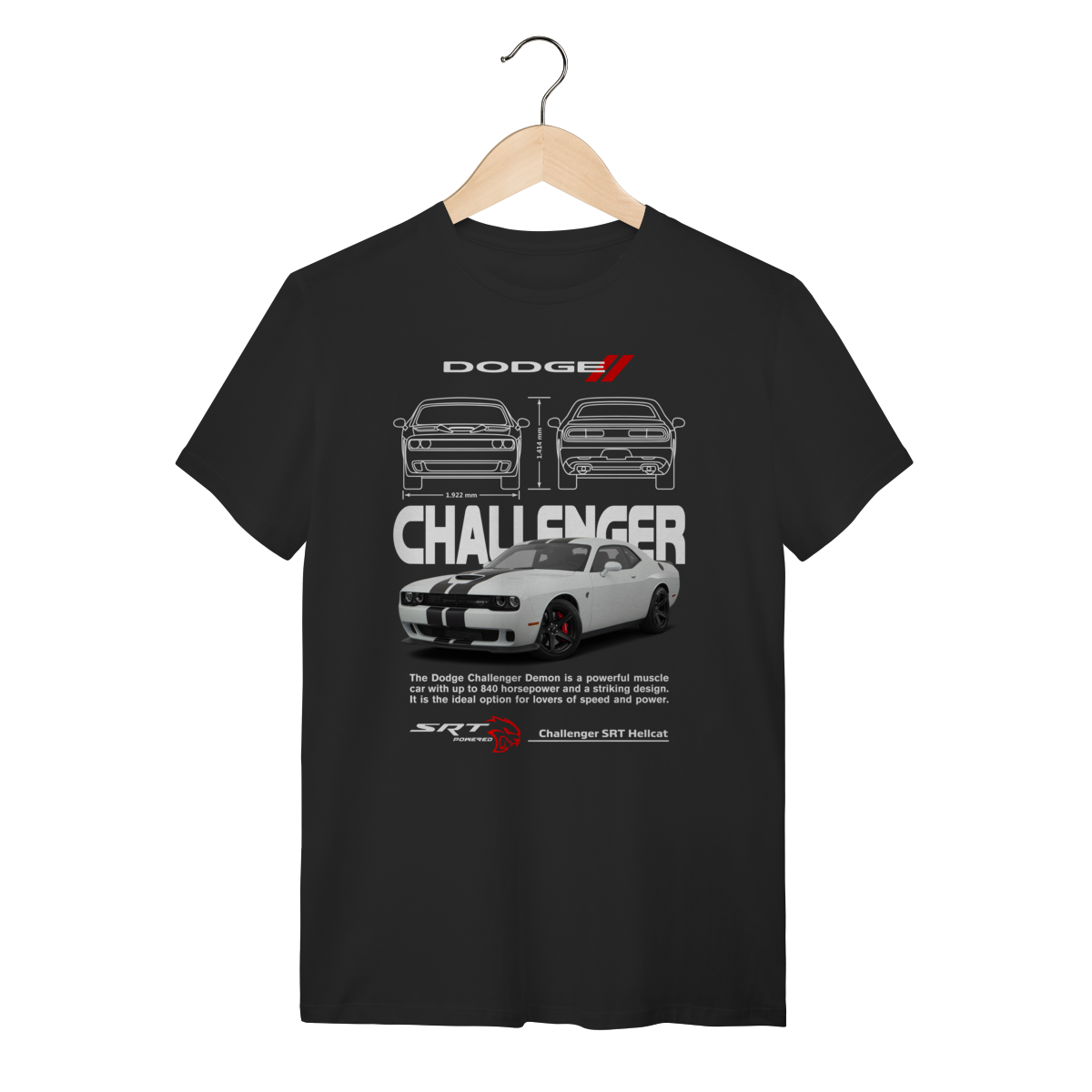 Nome do produto: Camiseta Dodge Challenger SRT Hellcat Branco - Muscle Car Moderno