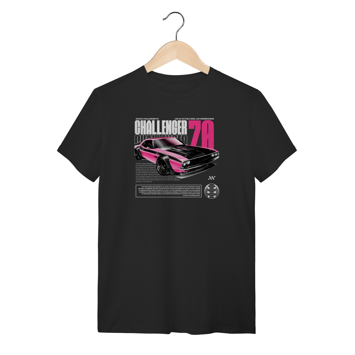 Nome do produto: Camiseta Dodge Challenger 1970 Rosa - Estilo Retrô Muscle