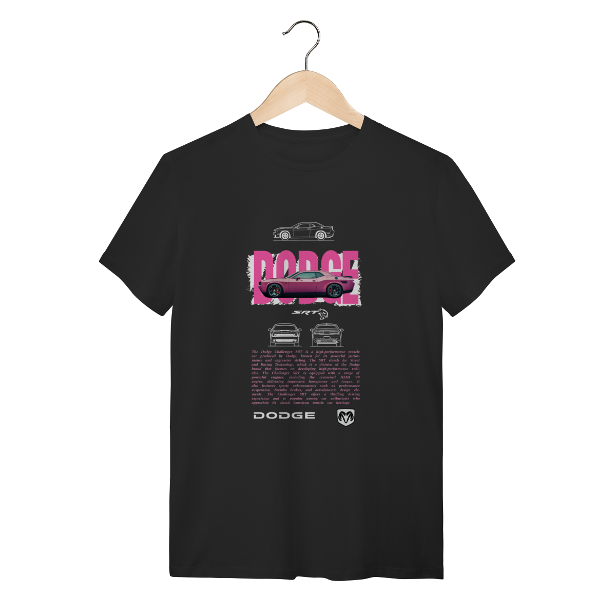 Nome do produto: Camiseta Dodge Challenger SRT Rosa - Performance e Estilo