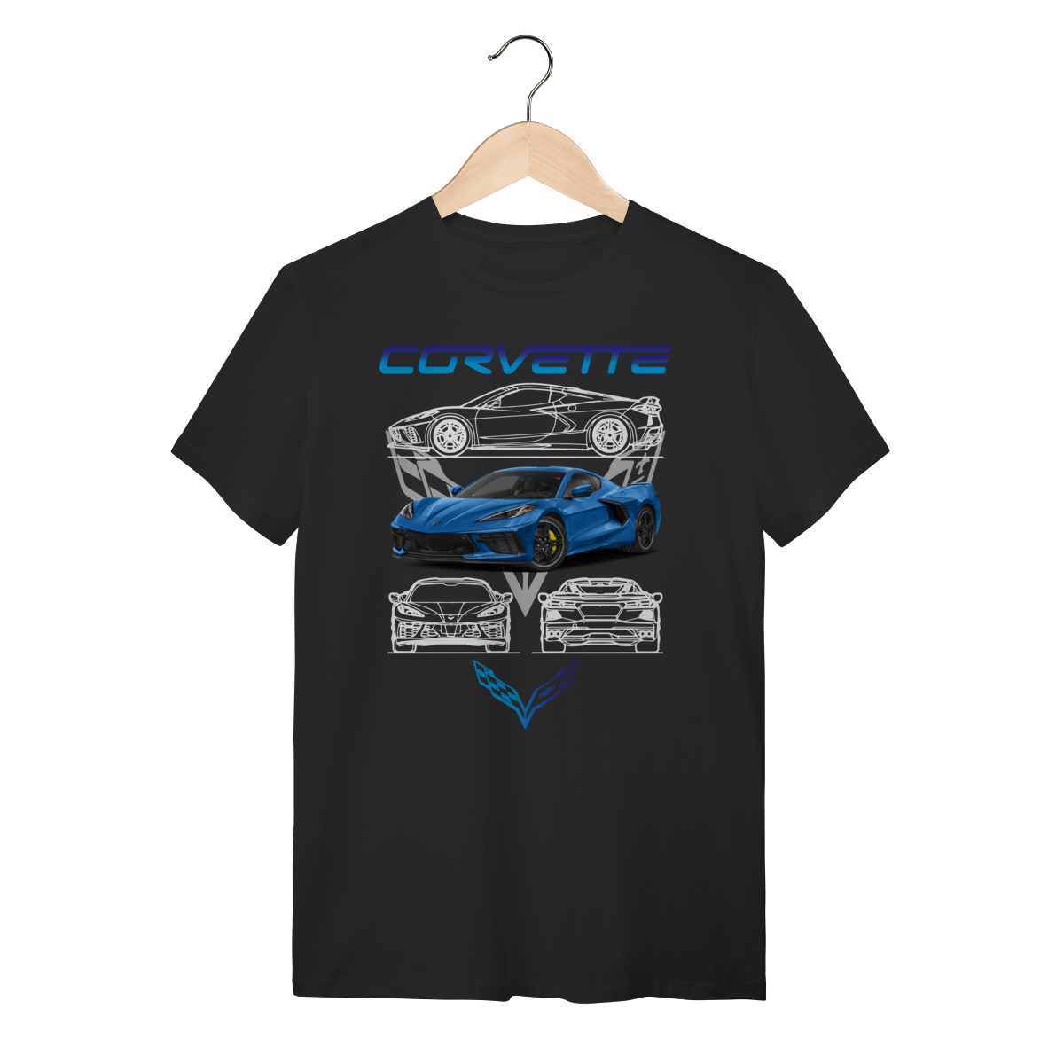 Nome do produto: Camiseta Chevrolet Corvette C8 Azul - Estampa Mid-Engine Blueprint