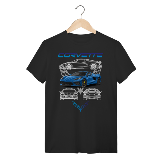 Camiseta Chevrolet Corvette C8 Azul - Estampa Mid-Engine Blueprint
