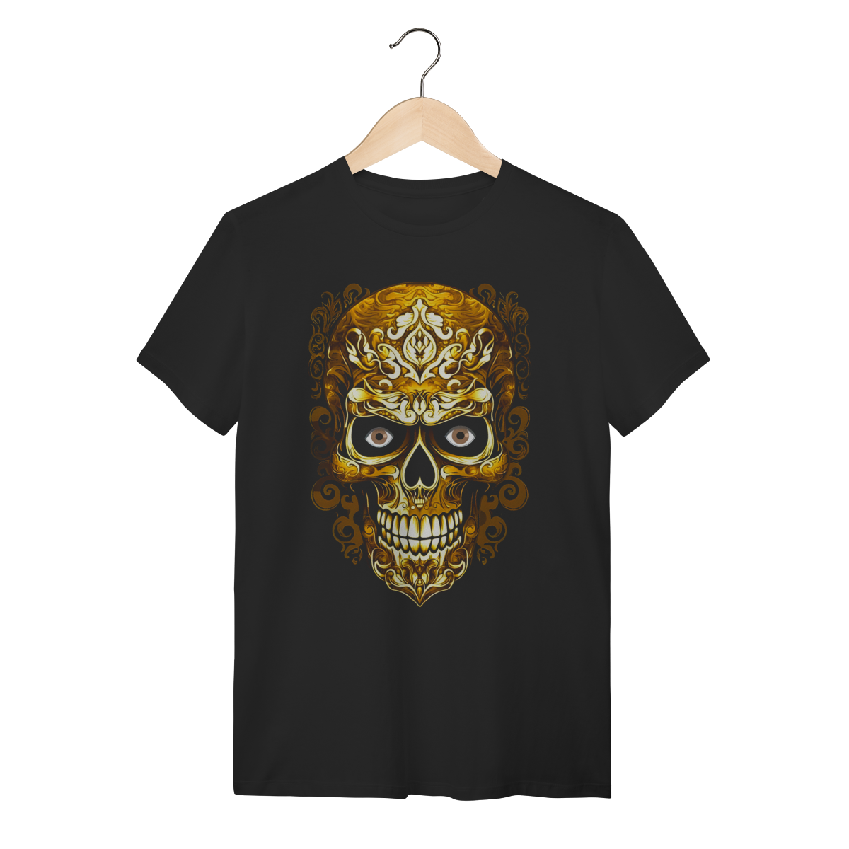 Nome do produto: Camiseta Caveira Ornamental Dourada - Estilo Barroco Elegante