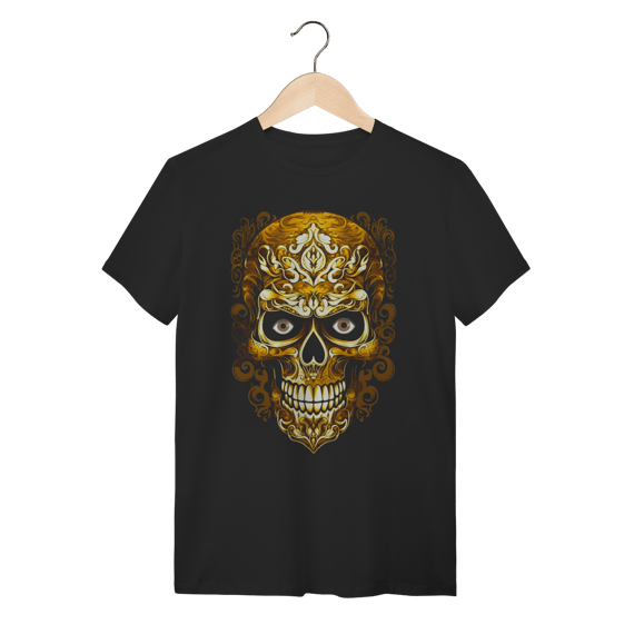 Camiseta Caveira Ornamental Dourada - Estilo Barroco Elegante