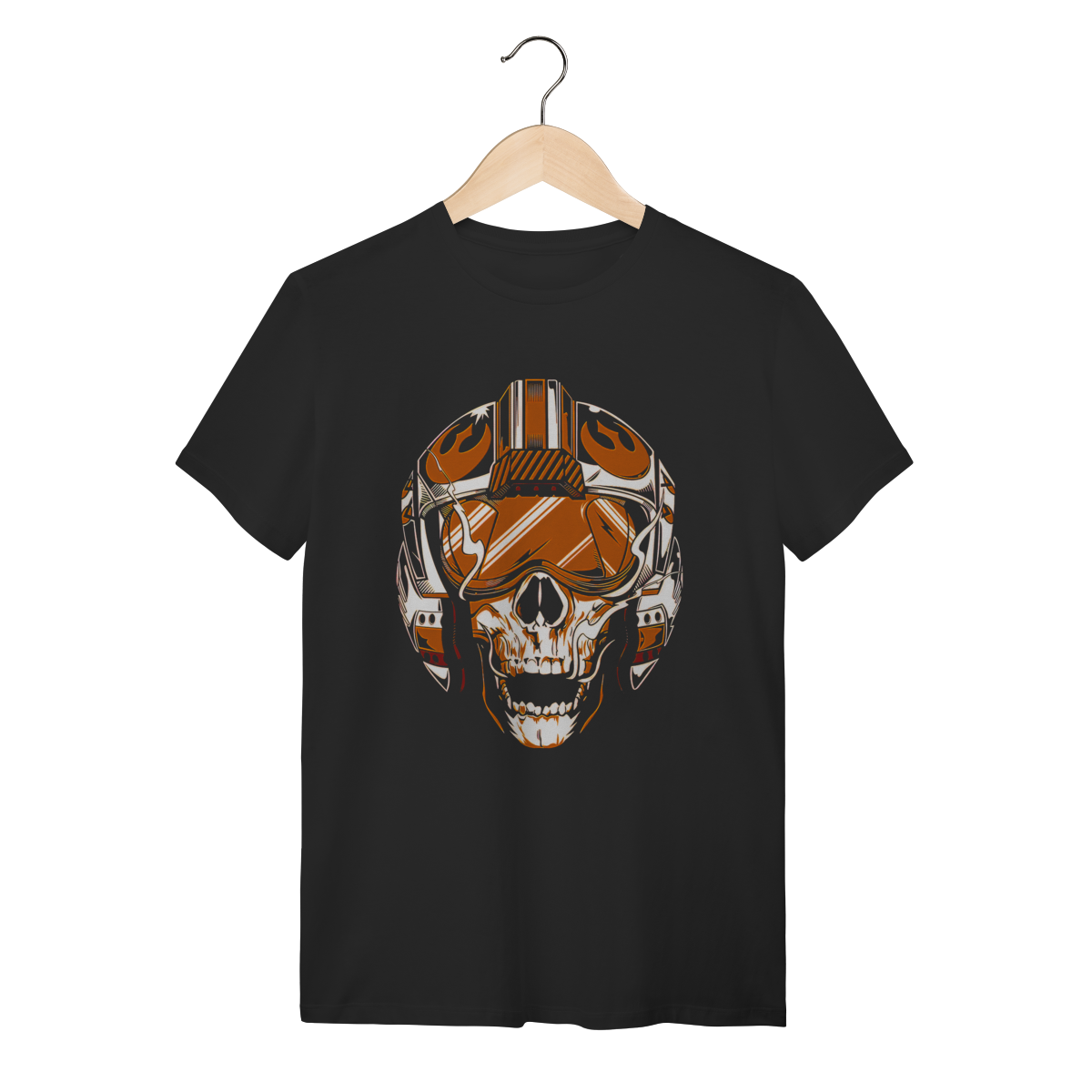 Nome do produto: Camiseta Caveira Piloto Galáctico - Preta 100% Algodão Premium