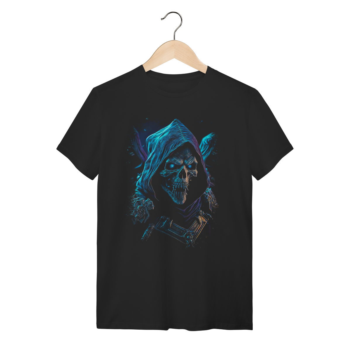 Nome do produto: Camiseta Caveira Mística de Capuz - Dark Fantasy e RPG - Azul Neon