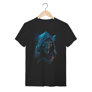 Camiseta Caveira Mística de Capuz - Dark Fantasy e RPG - Azul Neon