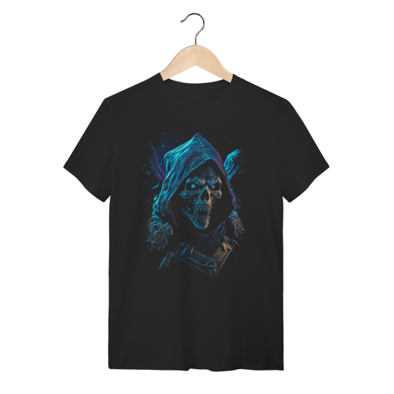 Camiseta Caveira Mística de Capuz - Dark Fantasy e RPG - Azul Neon