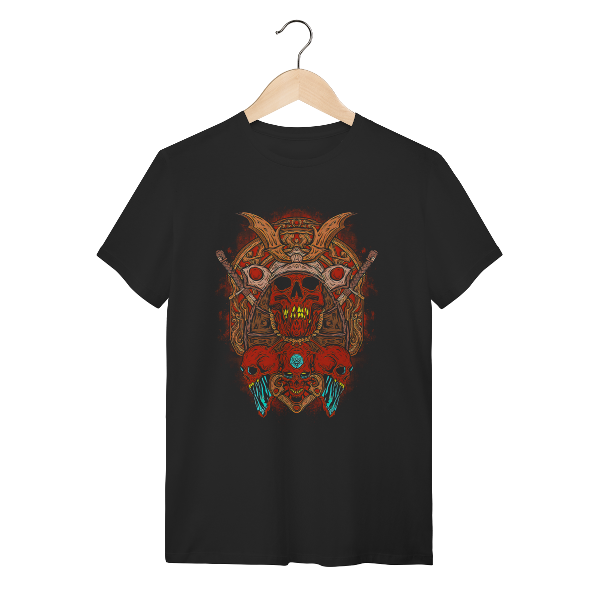Nome do produto: Camiseta Caveira Samurai Oni - Estilo Dark Oriental e Bushido