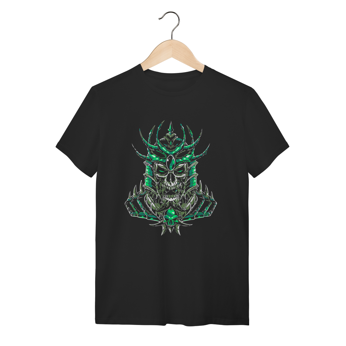 Nome do produto: Camiseta Caveira Knight Armor - Estilo Gamer Verde Esmeralda