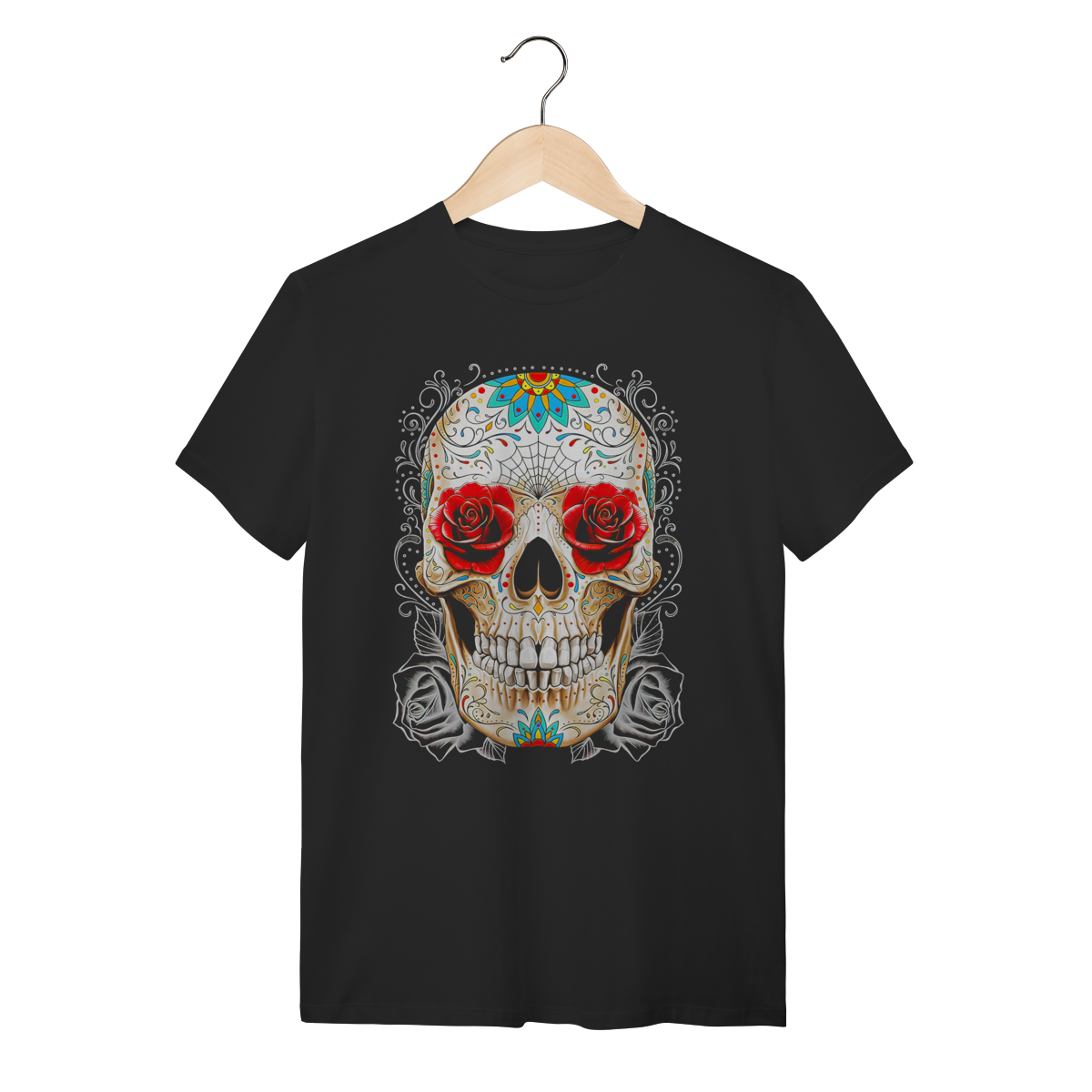 Nome do produto: Camiseta Skull Roses & Web - Arte Mexicana Detalhada - Algodão