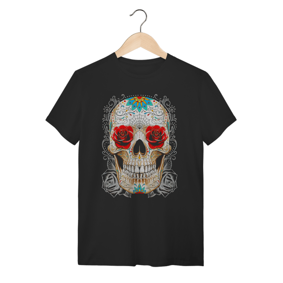 Camiseta Skull Roses & Web - Arte Mexicana Detalhada - Algodão