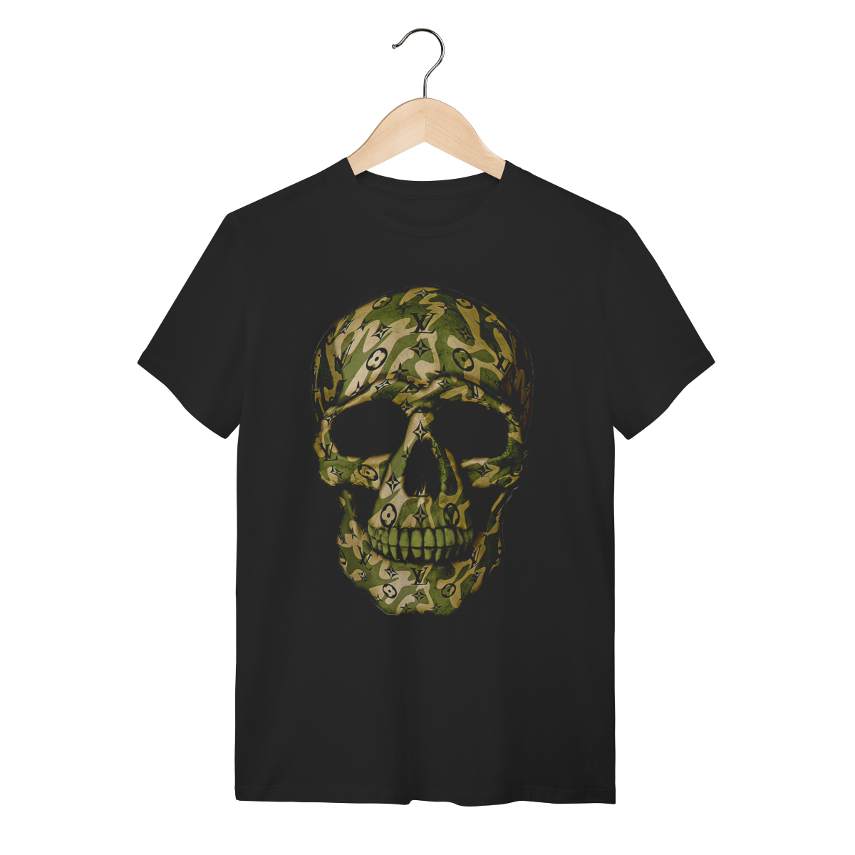 Nome do produto: Camiseta Caveira Camuflada Streetwear - Design Luxury Preta