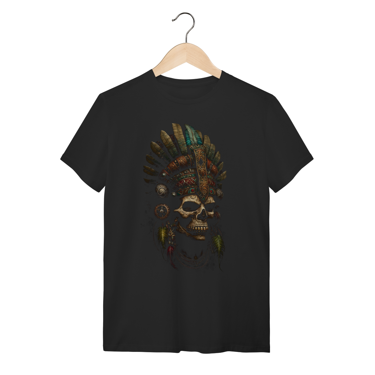 Nome do produto: Camiseta Caveira Guerreiro Ancestral - Arte Pré-Colombiana e Étnica
