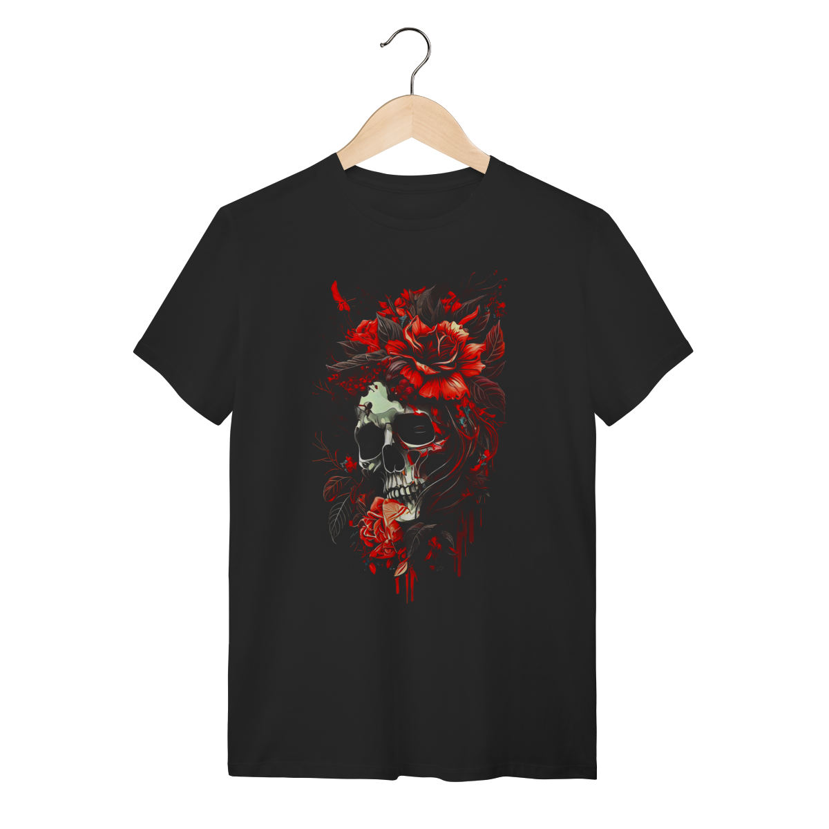 Nome do produto: Camiseta Caveira com Rosas Vermelhas - Estilo Dark Romance e Floral