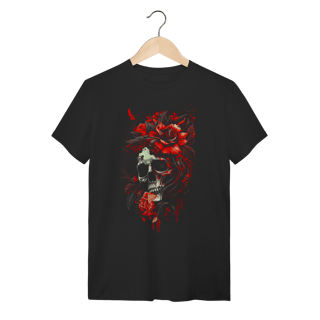 Camiseta Caveira com Rosas Vermelhas - Estilo Dark Romance e Floral