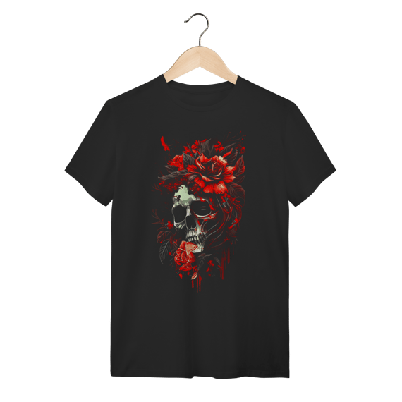 Camiseta Caveira com Rosas Vermelhas - Estilo Dark Romance e Floral