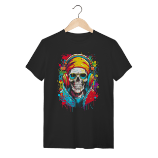 Camiseta Streetwear Caveira DJ com Fones e Óculos - Algodão Preta