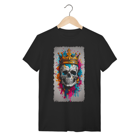 Camiseta Skull King Caveira com Coroa e Arte Abstrata - Preta