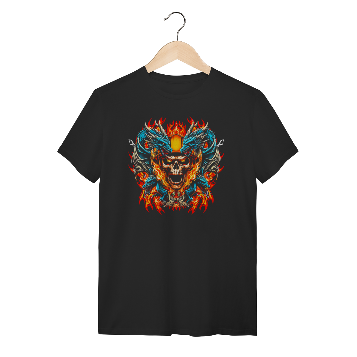 Nome do produto: Camiseta Caveira Heavy Metal Dragões e Tigre de Fogo - Estampa Épica