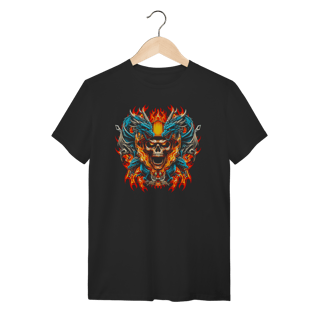 Camiseta Caveira Heavy Metal Dragões e Tigre de Fogo - Estampa Épica
