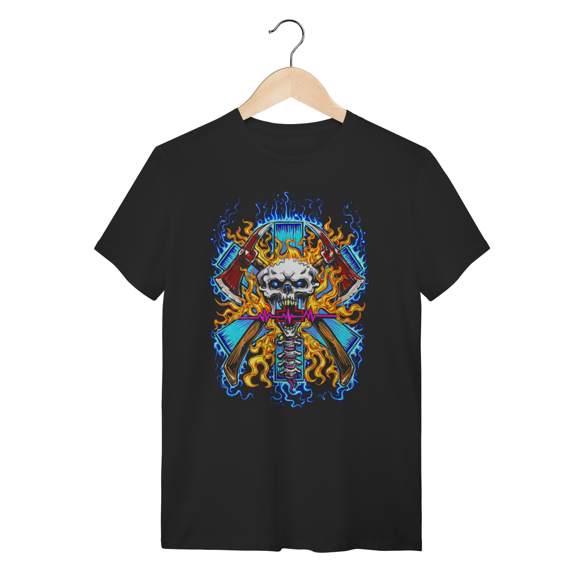 Nome do produto: Camiseta Firefighter Caveira Bombeiro com Machados e Chamas - Preta