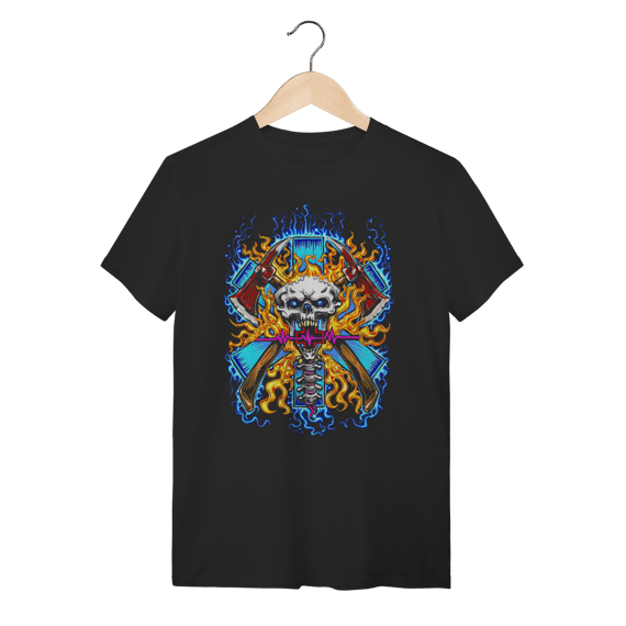 Camiseta Firefighter Caveira Bombeiro com Machados e Chamas - Preta