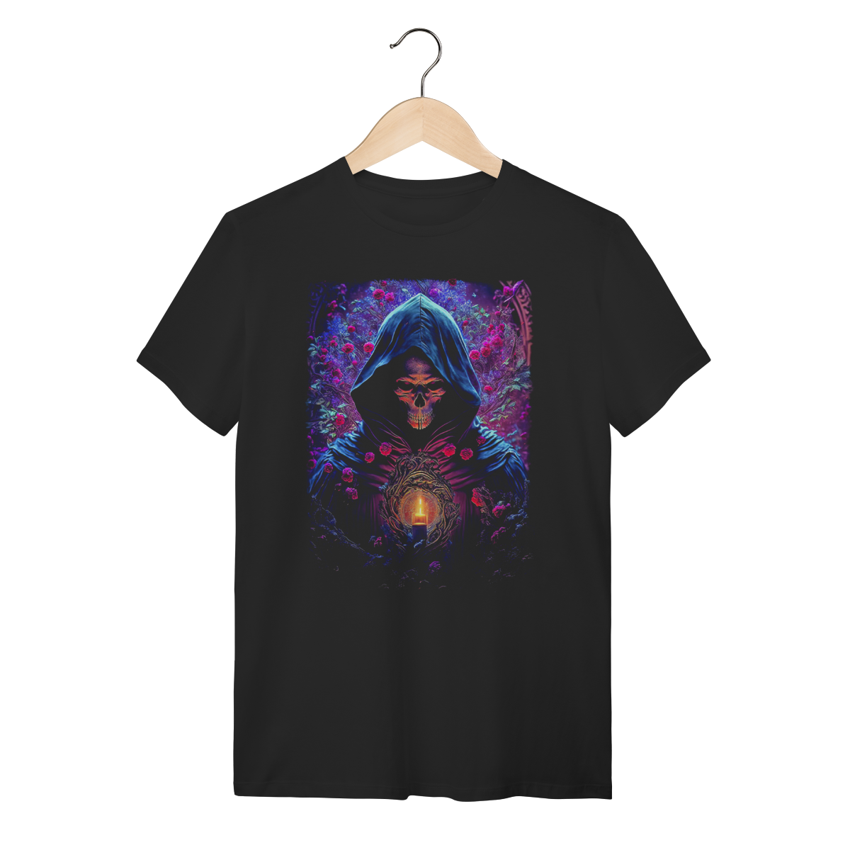 Nome do produto: Camiseta Dark Gothic Ceifador com Capuz e Rosas - Estilo Sombrio