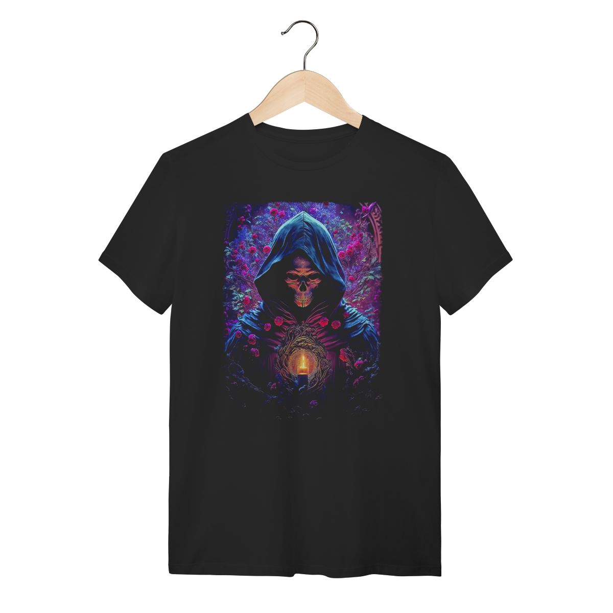 Nome do produto: Camiseta Dark Gothic Ceifador com Capuz e Rosas - Estilo Sombrio