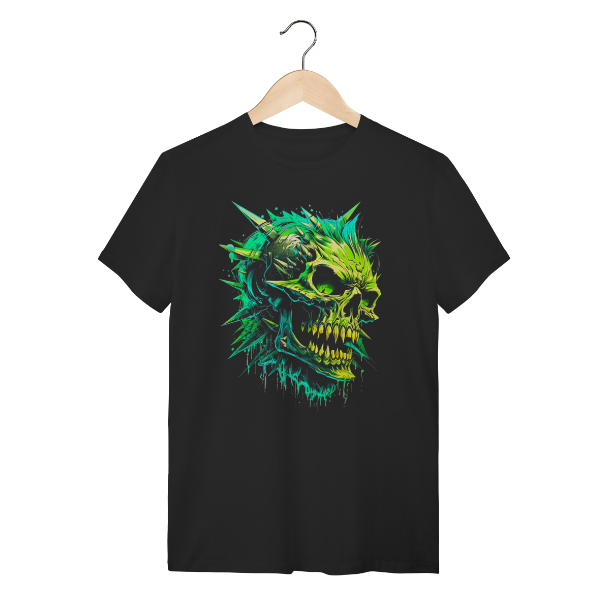 Nome do produto: Camiseta Punk Rock Caveira com Spikes Verde Neon - 100% Algodão