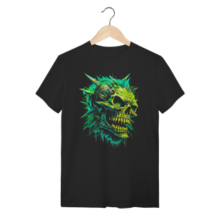 Camiseta Punk Rock Caveira com Spikes Verde Neon - 100% Algodão