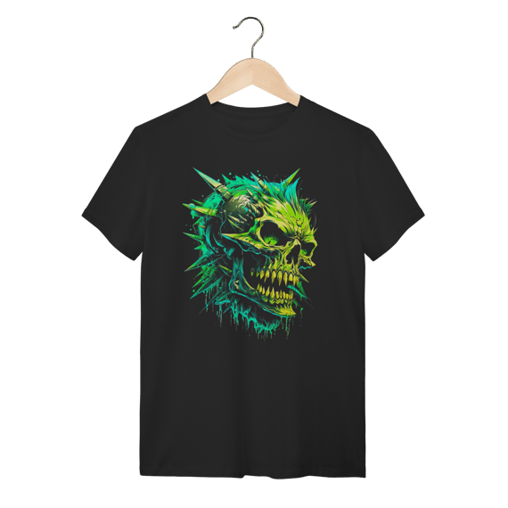 Camiseta Punk Rock Caveira com Spikes Verde Neon - 100% Algodão