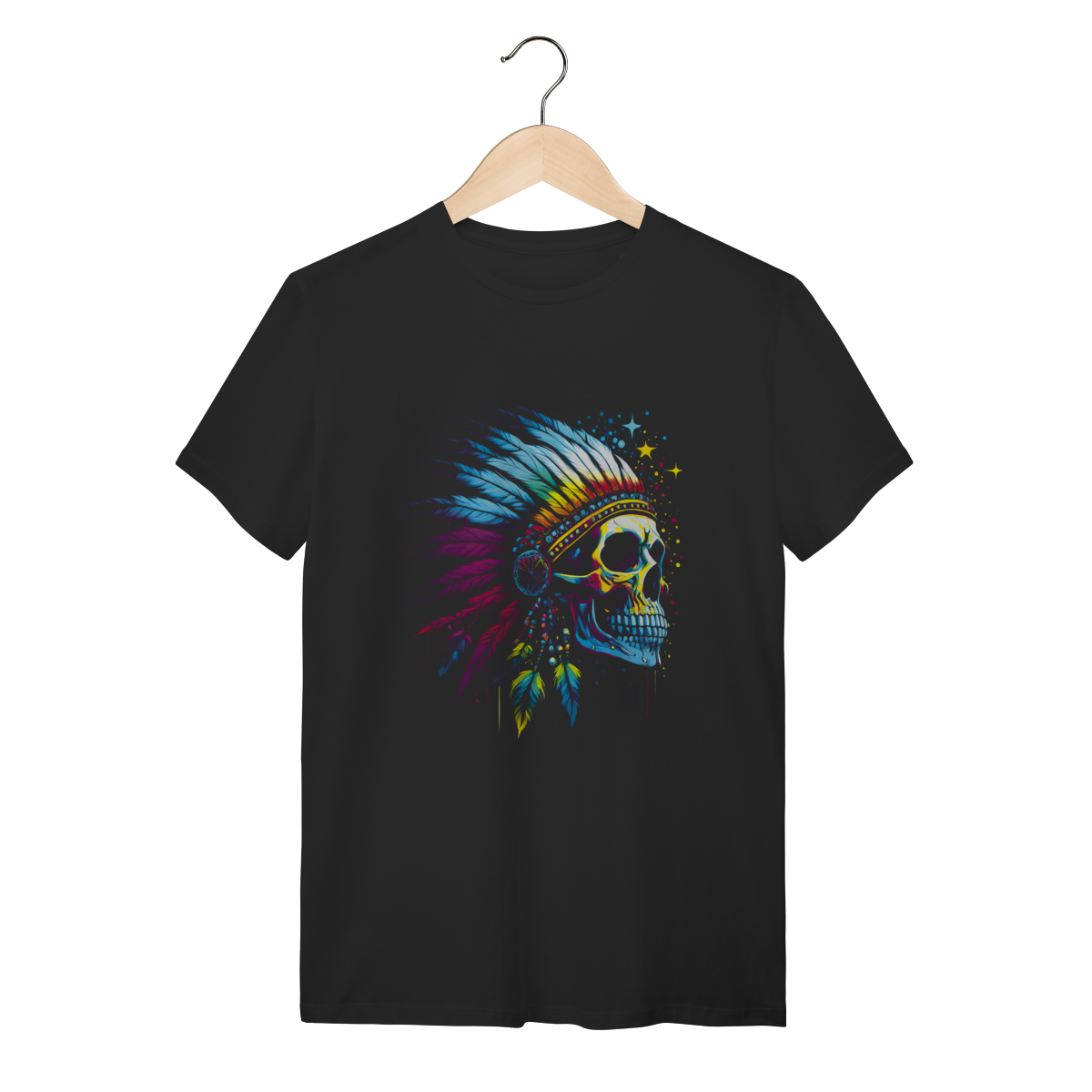 Nome do produto: Camiseta Caveira Apache com Cocar de Penas Coloridas - Algodão Preta