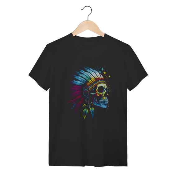 Camiseta Caveira Apache com Cocar de Penas Coloridas - Algodão Preta