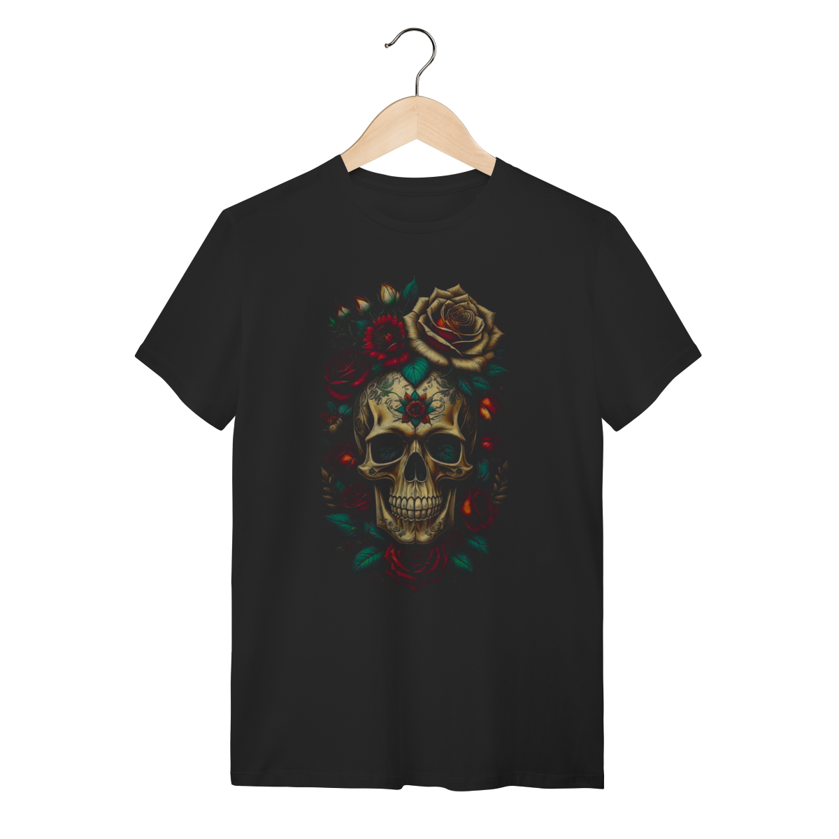 Nome do produto: Camiseta Caveira Mexicana Santa Muerte com Rosas Vintage - 100% Algodão
