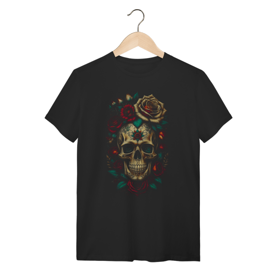 Camiseta Caveira Mexicana Santa Muerte com Rosas Vintage - 100% Algodão