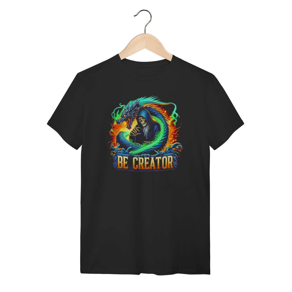 Nome do produto: Camiseta Fantasy Mago Ceifador e Dragão de Raio - Be Creator - Preta