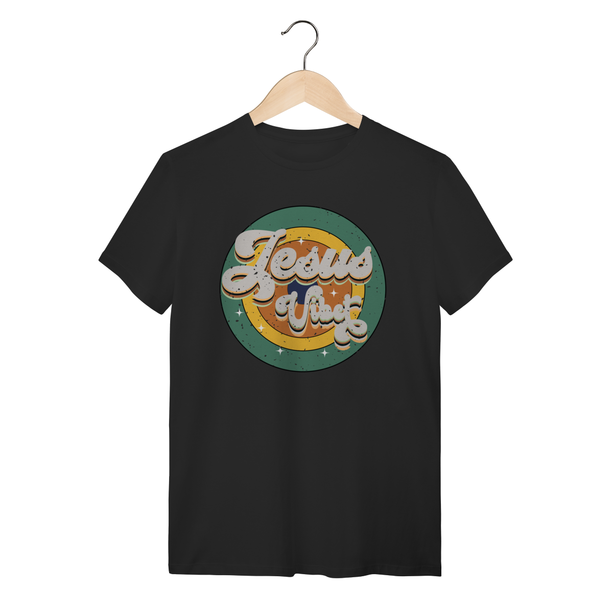 Nome do produto: Camiseta Jesus Vibe Vintage - Estilo Anos 70 - Preta Algodão