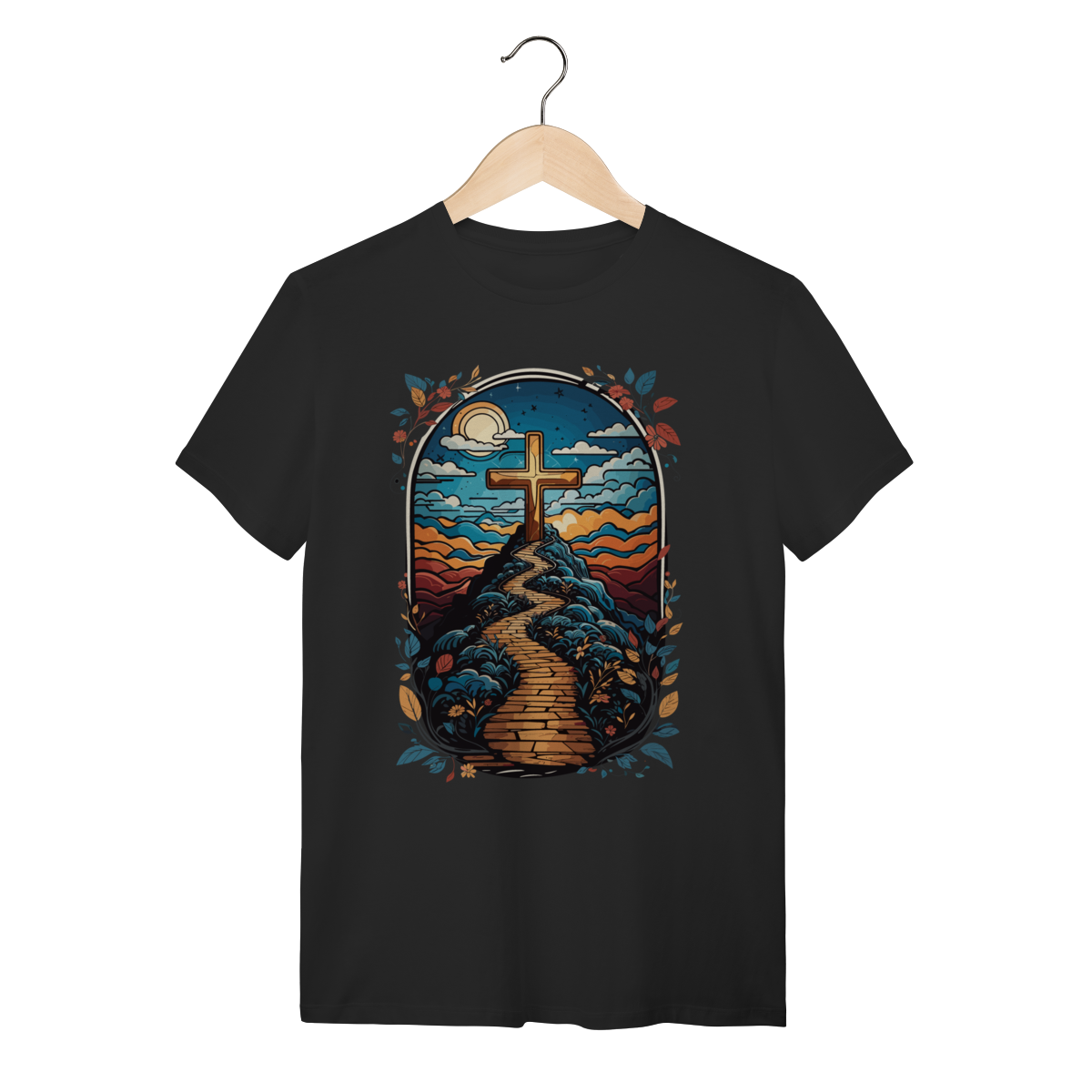 Nome do produto: Camiseta Artística Caminho da Fé - Cruz e Flores - Vintage Preta
