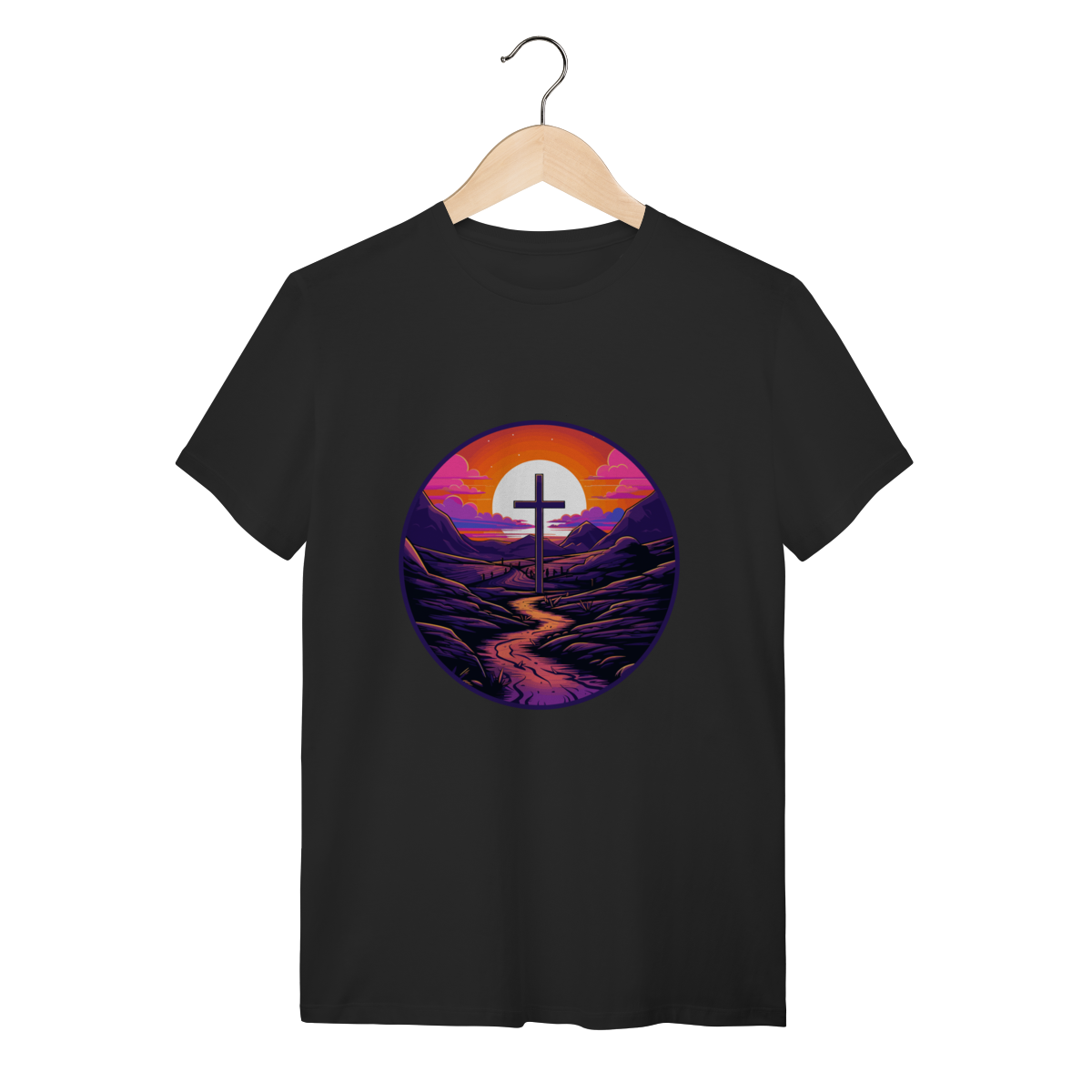 Nome do produto: Camiseta Paisagem Cristã Sunset - Cruz e Montanhas - Retrô