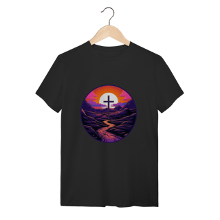 Camiseta Paisagem Cristã Sunset - Cruz e Montanhas - Retrô
