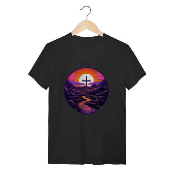 Camiseta Paisagem Cristã Sunset - Cruz e Montanhas - Retrô
